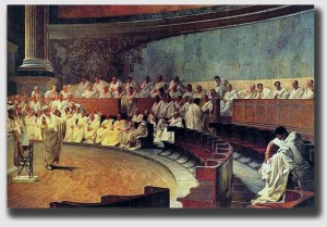 Cicero rails against Cataline in the Senate.