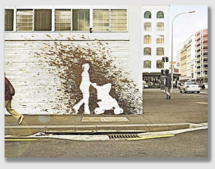 This is circumstantial evidence that a woman with a child in a stroller happened by here (and that it had rained shortly before that time).